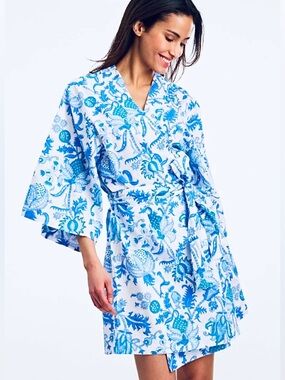 Roller Rabbit Amanda Kimono Robe OS Fits Most White Blue Floral